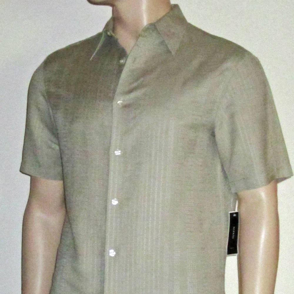 NWT Alfani Men's Beige Short Sleeve Linen Blend Dress Shirt Small